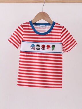 Kids Red & White Striped Character Tee - Blue Trim